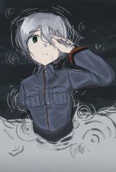 Rule 34 | 1girl, green eyes, hand over eye, highres, laura toth, long sleeves, makaze (t-junction), military, military uniform, partially submerged, short hair, silver hair, solo, strike witches, strike witches: katayoku no majo-tachi, tears, twitter username, uniform, water, wet, world witches series
