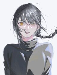 Rule 34 | 1girl, absurdres, black hair, braid, braided ponytail, chainsaw man, grey sweater, hair over one eye, highres, looking at viewer, medium hair, nayuta (chainsaw man), qii yu, ringed eyes, simple background, sketch, solo, sweater, white background, yellow eyes