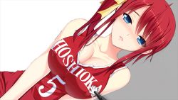 Rule 34 | 1girl, akino subaru, animated, animated gif, bare shoulders, basketball jersey, blue eyes, blush, bouncing breasts, grabbing another&#039;s breast, breasts, cleavage, collarbone, dutch angle, covered erect nipples, game cg, grabbing, hair ribbon, handheld game console, hatsukoi 1/1, jersey, koizumi amane, large breasts, long hair, looking at viewer, nintendo ds, red hair, ribbon, short hair, side ponytail, solo, stylus, tsukishima kyou