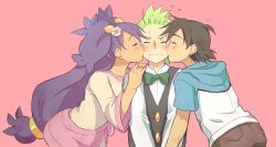 Rule 34 | 10s, 1girl, 2boys, ash ketchum, bad id, bad pixiv id, big hair, bisexual male, black hair, blush, bow, bowtie, boy and girl sandwich, buttons, cheek kiss, child, cilan (pokemon), closed eyes, creatures (company), dark-skinned female, dark skin, double cheek kiss, embarrassed, flower, game freak, green hair, hair flower, hair ornament, hands on shoulders, heart, hood, hoodie, iris (pokemon), kiss, kissing cheek, long hair, mame (chamame), multiple boys, nintendo, no headwear, pokemon, pokemon (anime), pokemon bw, pokemon bw (anime), ponytail, purple hair, sandwiched, short hair, short twintails, simple background, spiked hair, sweatdrop, traditional bowtie, twintails, two side up, upper body, very long hair, vest, wince