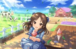 Rule 34 | 1girl, :d, animal, artist request, blush, bow, brown eyes, brown hair, child, cloud, cow, day, dress, food, fruit, hair bow, highres, house, ice cream, ice cream cone, idolmaster, idolmaster cinderella girls, idolmaster cinderella girls starlight stage, leaf, long hair, looking at viewer, open mouth, ribbon, sky, smile, solo focus, strawberry, tachibana arisu, waffle cone, wind, windmill