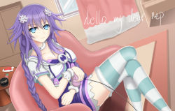 Rule 34 | 1girl, absurdres, alternate costume, blue eyes, blush, braid, breasts, choujigen game neptune, cleavage, crossed legs, d-pad, english text, female focus, full body, hair ornament, highres, hood, hooded jacket, jacket, long hair, looking at viewer, medium breasts, neptune (neptunia), neptune (series), no bra, power symbol, power symbol-shaped pupils, purple hair, purple heart (neptunia), sitting, smile, solo, striped clothes, striped thighhighs, symbol-shaped pupils, text focus, thighhighs, twin braids, you ni ge shaobing