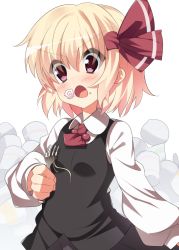 Rule 34 | 1girl, ascot, bad id, bad pixiv id, blonde hair, blush, dress, eating, female focus, food, food on face, fork, hair ribbon, holding, holding fork, open mouth, pink eyes, ribbon, rumia, short hair, solo, supershiruco, touhou
