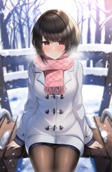 Rule 34 | 1girl, bench, black hair, blurry, blurry background, blush, breath, brown pantyhose, closed mouth, coat, grey coat, highres, jacket, kaku yone, long sleeves, looking at viewer, original, outdoors, pantyhose, pink scarf, plaid, plaid scarf, red eyes, scarf, short hair, sitting, skirt, smile, snow, snowing, solo, solo focus, thighs, tree, white coat, winter, winter clothes, winter coat