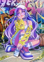Rule 34 | 1girl, ball, baseball cap, basketball, basketball (object), black choker, blue footwear, braid, candy, caution tape, cellphone, choker, earrings, food, glasses, graffiti, hat, highres, holding, holding candy, holding food, jacket, jewelry, knee up, kneehighs, lollipop, long hair, long sleeves, looking at viewer, morikura en, nail polish, open clothes, open jacket, original, phone, purple eyes, purple hair, shoes, sidelocks, sitting, smartphone, sneakers, socks, solo, tank top, tongue, tongue out, white socks, white tank top, yellow jacket