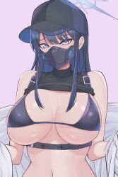 Rule 34 | 1girl, absurdres, bare shoulders, baseball cap, black bra, black shirt, blue archive, blue eyes, blue hair, blue hat, bra, breasts, capybara nushino mikoto, clothes lift, commentary request, hat, highres, large breasts, long hair, mask, mouth mask, navel, purple background, saori (blue archive), shirt, shirt lift, sidelocks, simple background, sleeveless, sleeveless shirt, solo, stomach, underwear, upper body