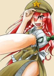 Rule 34 | 1girl, alternate eye color, beret, blouse, braid, chinese clothes, eromk, hair over one eye, hair ribbon, hand on headwear, hat, hat over one eye, hat tip, highres, hong meiling, leaning back, long hair, looking at viewer, outstretched arm, puffy short sleeves, puffy sleeves, red eyes, red hair, ribbon, shirt, short sleeves, side slit, smile, solo, solo focus, tangzhuang, touhou, traditional clothes, tress ribbon, twin braids