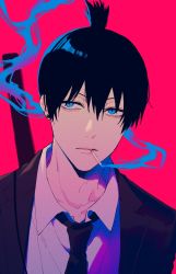 Rule 34 | 1boy, black hair, blue eyes, blurry, blurry background, chainsaw man, cigarette, collarbone, collared shirt, earrings, film grain, formal, hair between eyes, half-closed eyes, hayakawa aki, high ponytail, highres, iduming111, jewelry, looking away, male focus, necktie, parted lips, pink background, ponytail, shirt, short hair, simple background, smoke, smoking, solo, stud earrings, suit, sword, tsurime, upper body, weapon, white shirt