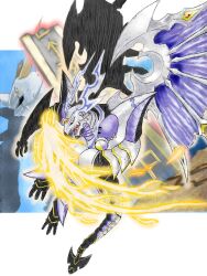 Rule 34 | digimon, digimon (creature), dorugoramon, dragon, energy, highres, omegamon, tail, wings