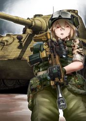 Rule 34 | 1girl, ammunition pouch, belt, camouflage, didloaded, ear protection, flecktarn, glasses, gloves, gun, heckler &amp; koch, helmet, hk g28, holding, holding gun, holding weapon, laser sight, light brown hair, load bearing vest, magazine (weapon), military, military operator, military vehicle, motor vehicle, muzzle device, pouch, red eyes, rifle, scope, sleeves rolled up, sniper rifle, tank, tiger ii, trigger discipline, uniform, vehicle, vertical forward grip, weapon