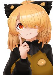 Rule 34 | 1girl, black bow, black shirt, blonde hair, blush, bow, breasts, brown dress, brown eyes, closed mouth, commentary request, dress, finger to cheek, fingernails, frilled bow, frilled shirt collar, frills, hair between eyes, hair bow, hair bun, hair over one eye, highres, kurodani yamame, large breasts, long sleeves, looking at viewer, medium hair, nail polish, pinafore dress, red nails, rinyamame, shirt, simple background, sleeveless dress, smile, solo, touhou, upper body, white background