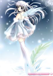 Rule 34 | 1girl, absurdres, blue eyes, detached collar, dress, grey hair, hazumi rio, highres, leaf, legs, siblings, snow, snowflakes, solo, thighhighs, twins, two side up, white thighhighs