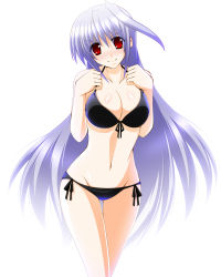 Rule 34 | &gt;:), 1girl, bikini, blue hair, blush, breasts, cleavage, engo (aquawatery), front-tie top, gradient background, highres, huge breasts, long hair, looking at viewer, lyrical nanoha, mahou shoujo lyrical nanoha, mahou shoujo lyrical nanoha a&#039;s, navel, red eyes, reinforce, side-tie bikini bottom, smile, solo, standing, swimsuit, thigh gap, v-shaped eyebrows, very long hair