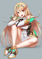 Rule 34 | 1girl, ass, black gloves, blonde hair, breasts, cleavage cutout, clothing cutout, commentary request, dress, elbow gloves, gloves, green322, highres, large breasts, legs, long hair, looking at viewer, mythra (xenoblade), nintendo, simple background, sitting, solo, thighs, v, white background, xenoblade chronicles (series), xenoblade chronicles 2, yellow eyes