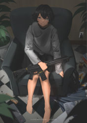 Rule 34 | 1girl, absurdres, armchair, artist name, assault rifle, barefoot, black hair, blue eyes, blush, can, chair, closed mouth, commentary, computer, electrical outlet, electrical outlet, faiz azhar, grey sweater, gun, highres, holding, holding gun, holding weapon, laptop, long sleeves, looking at viewer, original, plant, pot, potted plant, reflection, rifle, short hair, sitting, smile, solo, sweater, weapon
