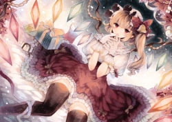 Rule 34 | 1girl, bad id, bad pixiv id, bell, black thighhighs, blonde hair, box, colored pencil (medium), covering own mouth, dutch angle, flandre scarlet, gift, gift box, gloves, hair bell, hair ornament, hand over own mouth, hat, high-waist skirt, highres, light particles, long hair, marker (medium), md5 mismatch, mob cap, namakuby, petticoat, puffy short sleeves, puffy sleeves, red eyes, resolution mismatch, short sleeves, side ponytail, sitting, skirt, solo, source smaller, thighhighs, touhou, traditional media, white gloves, wings, zettai ryouiki