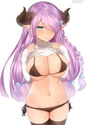 Rule 34 | 10s, 1girl, artist name, bad id, bad twitter id, bikini, black bikini, black ribbon, black thighhighs, blue eyes, braid, breasts, cleavage, clothes lift, cowboy shot, draph, granblue fantasy, hair over one eye, hands on own chest, highres, horns, large breasts, legs together, lifting own clothes, long hair, long sleeves, low-tied long hair, narmaya (granblue fantasy), navel, pink hair, pointy ears, ribbon, side-tie bikini bottom, side braid, simple background, single braid, solo, standing, stomach, sweater, sweater lift, swept bangs, swimsuit, thighhighs, very long hair, white background, yaman (yamanta lov)