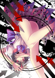 Rule 34 | 1girl, arrow (symbol), ass, black hair, bracelet, cone horns, covering own mouth, dress, grey horns, highres, horns, jewelry, kijin seija, looking at viewer, multicolored hair, nga (ray ray), no panties, puffy short sleeves, puffy sleeves, red eyes, red hair, short hair, short sleeves, solo, streaked hair, touhou, upside-down, upskirt, white hair