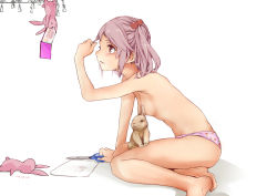 Rule 34 | 1girl, animal, barefoot, blush, breasts, rabbit, bunny censor, censored, convenient censoring, hair bobbles, hair ornament, kantai collection, censored nipples, panties, paper, pet, pink eyes, pink hair, pink panties, rizzl, sazanami (kancolle), scissors, short hair, simple background, small breasts, solo, topless, twintails, underwear, underwear only, white background