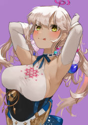 Rule 34 | 1girl, :p, armpits, arms behind head, arms up, backless outfit, blue skirt, blush, breasts, dark-skinned female, dark skin, elbow gloves, gloves, hair ornament, halterneck, hololive, hololive english, large breasts, light brown hair, limiter (tsukumo sana), long hair, looking at viewer, overskirt, planet hair ornament, sideboob, sidelocks, skin tight, skirt, smile, solo, takeno omoti, tongue, tongue out, tsukumo sana, tsukumo sana (1st costume), twintails, underbust, v-shaped eyebrows, virtual youtuber, white gloves, yellow eyes