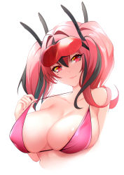 Rule 34 | 1girl, areola slip, azur lane, bikini, black hair, blush, breasts, bremerton (azur lane), cleavage, closed mouth, covered erect nipples, eyewear on head, hair between eyes, hair ornament, highres, huge breasts, long hair, looking at viewer, mole, mole under eye, multicolored hair, pink eyes, pink hair, simple background, smile, solo, streaked hair, sunglasses, sunglasses on head, swimsuit, toki to shishin, twintails, white background