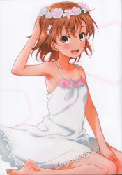 Rule 34 | 1girl, absurdres, barefoot, breasts, brown eyes, brown hair, happy, head wreath, highres, isshi pyuma, looking at viewer, misaka mikoto, open mouth, scan, short hair, simple background, small breasts, smile, solo, toaru kagaku no railgun, toaru majutsu no index, white background