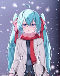 Rule 34 | 1girl, ahoge, blue eyes, blue hair, bow, chestnut mouth, coat, grey background, grey skirt, hair between eyes, hair bow, hatsune miku, highres, long hair, long sleeves, looking at viewer, open clothes, open coat, pleated skirt, red bow, red scarf, scarf, shirt, skirt, snowflakes, snowing, solo, standing, striped clothes, striped shirt, twintails, very long hair, vocaloid, weiss rubiaceae, white coat, winter