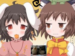 Rule 34 | ..., 2girls, animal ears, black hair, bow, bowtie, brown eyes, rabbit, carrot, carrot necklace, cat, cat ears, chen, derivative work, eating, female focus, hat, inaba tewi, jewelry, maromi gou, multiple girls, necklace, parody, photo-referenced, photo inset, rabbit ears, red eyes, reference inset, reference photo, short hair, touhou, upper body