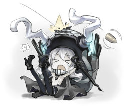 Rule 34 | &gt; &lt;, 10s, 1girl, abyssal ship, amagai tarou, black pantyhose, bodysuit, chibi, closed eyes, falling, kantai collection, long hair, pale skin, pantyhose, personification, silver hair, solo, tears, wo-class aircraft carrier
