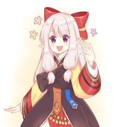 Rule 34 | 1girl, :d, black bow, blush, bow, brown background, floral background, gradient background, hair bow, hanbok, hand up, high priest (ragnarok online), highres, korean clothes, light (luxiao deng), long hair, long sleeves, looking at viewer, open mouth, pointy ears, puffy long sleeves, puffy sleeves, purple eyes, ragnarok online, red bow, silver hair, smile, solo, white background