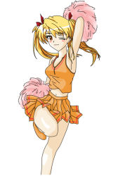 Rule 34 | 00s, 1girl, arm up, armpits, blush, blush stickers, cheerleader, long hair, looking at viewer, pom pom (cheerleading), sawachika eri, school rumble, simple background, solo, twintails, white background