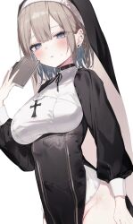 Rule 34 | 1girl, absurdres, black dress, blue eyes, blush, book, braid, breasts, brown hair, choker, cowboy shot, cross, dress, ear piercing, earrings, groin, habit, hand up, highres, holding, holding book, jewelry, large breasts, long sleeves, looking at viewer, no panties, nun, original, parted lips, pelvic curtain, piercing, short hair, simple background, solo, tamafurin, veil, white background