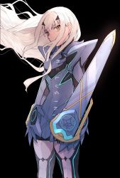 Rule 34 | 1girl, armor, black background, english text, melusine (fate), melusine (first ascension) (fate), fate/grand order, fate (series), floating hair, highres, long hair, looking to the side, ooo 333koro, solo, white hair, yellow eyes