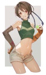 Rule 34 | 1girl, black hair, brown eyes, commentary, crop top, cropped legs, cropped sweater, decoponmagi, final fantasy, final fantasy vii, fingerless gloves, forehead protector, gloves, green sweater, headband, highres, materia, navel, open fly, short hair, short shorts, shorts, sleeveless, sleeveless turtleneck, smile, solo, stomach, sweater, turtleneck, yuffie kisaragi