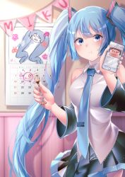 1girl, :t, absurdres, bangs, bare shoulders, black skirt, black sleeves, blue eyes, blue hair, blue nails, blue neckwear, calendar (object), cellphone, character name, commentary, cowboy shot, detached sleeves, fork, grey shirt, hair ornament, hand up, hatsune miku, highres, holding, holding fork, holding phone, huge filesize, indoors, long hair, looking at viewer, miniskirt, multiple sources, nail polish, necktie, phone, pleated skirt, pout, shirt, shiteyan&#039;yo, skirt, sleeveless, sleeveless shirt, smartphone, solo, standing, string of flags, sumomooekaki, twintails, v-shaped eyebrows, very long hair, vocaloid
