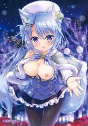 Rule 34 | 1girl, absurdres, ameto yuki, animal ears, blue hair, blush, breasts, breasts out, cleavage, clothes lift, fox ears, fox tail, hair ornament, highres, large breasts, long hair, looking at viewer, nipples, open mouth, pantyhose, purple eyes, skirt, skirt lift, solo, tail