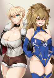 Rule 34 | 2girls, absurdres, ahoge, animal ear fluff, animal ears, arknights, artoria pendragon (fate), artoria pendragon (lancer) (fate), artoria pendragon (lancer) (fate) (cosplay), bare shoulders, black collar, black jacket, blonde hair, blue gloves, blue leotard, blue thighhighs, blush, braid, breasts, brown eyes, brown hair, brown shorts, cleavage, cleavage cutout, clothing cutout, collar, collarbone, commentary, cosplay, costume switch, covered navel, cowboy shot, elbow gloves, embarrassed, fang, fate (series), female focus, fur-trimmed jacket, fur-trimmed shorts, fur trim, gloves, green eyes, grey background, groin, hair between eyes, heattech leotard, highres, jacket, kawasumi ayako, large breasts, leotard, lion ears, long hair, looking at viewer, matching hair/eyes, multiple girls, nose blush, open clothes, open jacket, open mouth, parted lips, shirt, short shorts, shorts, sidelocks, siege (arknights), siege (arknights) (cosplay), standing, t-shirt, thick thighs, thighhighs, thighs, voice actor connection, white shirt, xkit