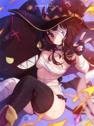 Rule 34 | 1girl, alternate breast size, artist name, bandage over one eye, bandaged leg, bandages, black choker, black headwear, black thighhighs, breasts, brown hair, choker, chomusuke, closed mouth, commentary, cross, demon wings, feet out of frame, garter straps, hat, horns, horns through headwear, jewelry, kono subarashii sekai ni shukufuku wo!, large breasts, long hair, looking at viewer, megumin, mitsu (mitsu art), multiple rings, nail polish, paid reward available, patreon username, red eyes, red nails, ring, sarashi, single thighhigh, smile, striped clothes, striped thighhighs, tail, thighhighs, v, variant set, vertical-striped clothes, vertical-striped thighhighs, wings, witch hat, wrist cuffs