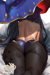 Rule 34 | 1girl, absurdres, artist name, ass, ass focus, back, bare back, black hair, black pantyhose, blue hat, from behind, genshin impact, hat, highres, hu dako, huge ass, legs together, mona (genshin impact), pantyhose, patreon username, solo, thick thighs, thighs, twintails, wide hips, witch hat