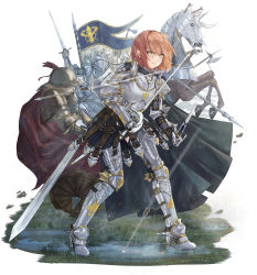 Rule 34 | 1girl, 3others, ambiguous gender, armor, armored boots, arrow (projectile), axe, bob cut, boots, cape, denpajin-ryuushi, fighting stance, gauntlets, helmet, highres, holding, holding sword, holding weapon, horse, knight, multiple others, orange hair, original, sword, weapon, yellow eyes