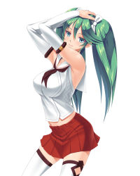 Rule 34 | 10s, 1girl, aqua eyes, armpits, arms up, bow, collarbone, colored eyelashes, detached sleeves, green hair, hair bow, hands on own head, hobenkei, isuzu (kancolle), kantai collection, long hair, long sleeves, looking at viewer, navel, neckerchief, pleated skirt, red skirt, school uniform, serafuku, shirt, simple background, skirt, sleeveless, sleeveless shirt, smile, solo, standing, stomach, thighhighs, twintails, white background, white bow, white shirt, white thighhighs, zettai ryouiki