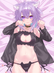 Rule 34 | 1girl, ahoge, animal ear fluff, animal ears, aqua hair, bare shoulders, bed sheet, black bra, black panties, black ribbon, black shirt, blush, bra, breasts, cameltoe, cat cutout, cat ears, cat lingerie, cleavage, cleavage cutout, closed mouth, clothing cutout, collar, collarbone, commentary request, eyebrows hidden by hair, fingernails, frilled bra, frills, from above, gluteal fold, highres, hololive, large breasts, long fingernails, long sleeves, looking at viewer, looking up, lying, meme attire, multicolored hair, nail polish, navel, nekomata okayu, off shoulder, on back, on bed, open clothes, open shirt, panties, paw pose, pink nails, purple eyes, purple hair, ribbon, shirt, short hair, side-tie panties, smile, solo, stomach, two-tone hair, unbuttoned, underwear, virtual youtuber, waterring