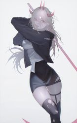 Rule 34 | + +, 1girl, artist name, black jacket, black skirt, black thighhighs, blonde hair, chainsaw man, character name, cross-shaped pupils, demon horns, feet out of frame, grey background, highres, holding, holding scythe, holding weapon, horns, jacket, long hair, looking to the side, multiple horns, orange eyes, parted lips, plqy er, power (chainsaw man), red horns, scythe, shirt, simple background, skirt, solo, standing, symbol-shaped pupils, thigh strap, thighhighs, torn clothes, torn thighhighs, weapon, white shirt