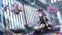 Rule 34 | 1girl, animal ear fluff, animal ears, arknights, axe, black cat, blue butterfly, bug, butterfly, cat, coin, crudefish, diamond-shaped pupils, diamond (shape), fox ears, fox tail, gold coin, gothic lolita, hat, highres, holding, holding axe, insect, kneeling, lolita fashion, mini hat, outdoors, purple eyes, purple hair, shamare (arknights), solo, stuffed wolf, sunlight, sword, symbol-shaped pupils, tail, treasure chest, twintails, weapon, wrist cuffs
