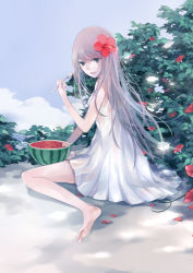 Rule 34 | 1girl, barefoot, character request, cloud, day, dress, flower, food, fruit, fruit cup, full body, hair flower, hair ornament, highres, leaf, outdoors, petals, pink hair, sitting, skirt, sky, smile, solo, spoon, sundress, watermelon, white dress, white skirt, yu (kongxiang)