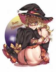 Rule 34 | 1girl, absurdres, ass, bare shoulders, bdsm, black panties, black thighhighs, blonde hair, blue eyes, blush, bondage, boots, bound, breast press, breasts, full body, hair between eyes, halloween, happy halloween, hat, highres, holding legs, huge breasts, legs up, long hair, looking at viewer, original, panties, restrained, sideboob, simple background, sitting, skirt, sleeveless, solo, sweat, thigh boots, thighhighs, thighs, underwear, urec, white background, witch hat