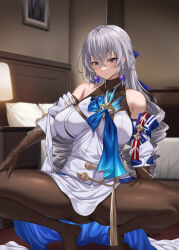 Rule 34 | 1girl, bare shoulders, bed, bedroom, black gloves, black pantyhose, blue bow, bow, breasts, bronya rand, bronya zaychik, dress, drill hair, earrings, elbow gloves, fuooooo, gloves, grey hair, hair bow, highres, honkai: star rail, honkai (series), jewelry, lamp, large breasts, legs, long hair, paid reward available, pantyhose, solo, spread legs, squatting, twin drills, white dress