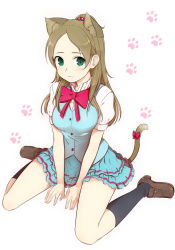 Rule 34 | 10s, 1girl, animal ears, bad id, bad pixiv id, blush, bow, brown hair, cat ears, cat tail, green eyes, highres, kemonomimi mode, kneehighs, loafers, long hair, looking at viewer, minamino kanade, minatsuki randoseru, precure, revision, shoes, sitting, skirt, smile, socks, solo, suite precure, tail, tail bow, tail ornament, wariza