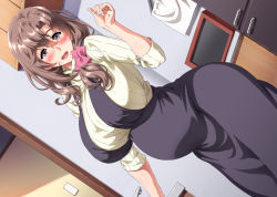 Rule 34 | 1girl, blush, boku wa tomodachi no okaa-san wo haramasetai 2, breasts, brown hair, eyebrows hidden by hair, feet out of frame, female focus, hair between eyes, hand up, highres, hokkyoku hotaru, huge breasts, indoors, legs, long hair, looking at viewer, mature female, mole, mole under mouth, open mouth, original, pregnant, solo, standing, sweater, thighs, turtleneck, turtleneck sweater, yellow eyes