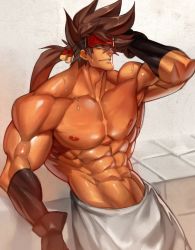 Rule 34 | 1boy, abs, bara, bare pectorals, brown hair, guilty gear, headgear, highres, large pectorals, long hair, male focus, muscular, na insoo, naked towel, navel, nipples, paid reward available, pectorals, ponytail, sauna, shiny skin, simple background, sol badguy, solo, spiked hair, sweat, tight clothes, towel, yellow eyes